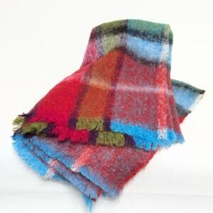 John Hanly & Co Ireland Mohair Wool Throw Lap Blanket Nwt Red Green Blue Plaid